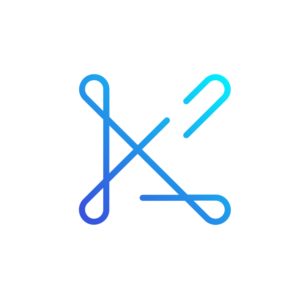 Katapult IO Logo Geometric Uppercase Display Letter K logo, loop hosting Letterform Single Stroke Rounded Two Colors, Blue + Turquoise.