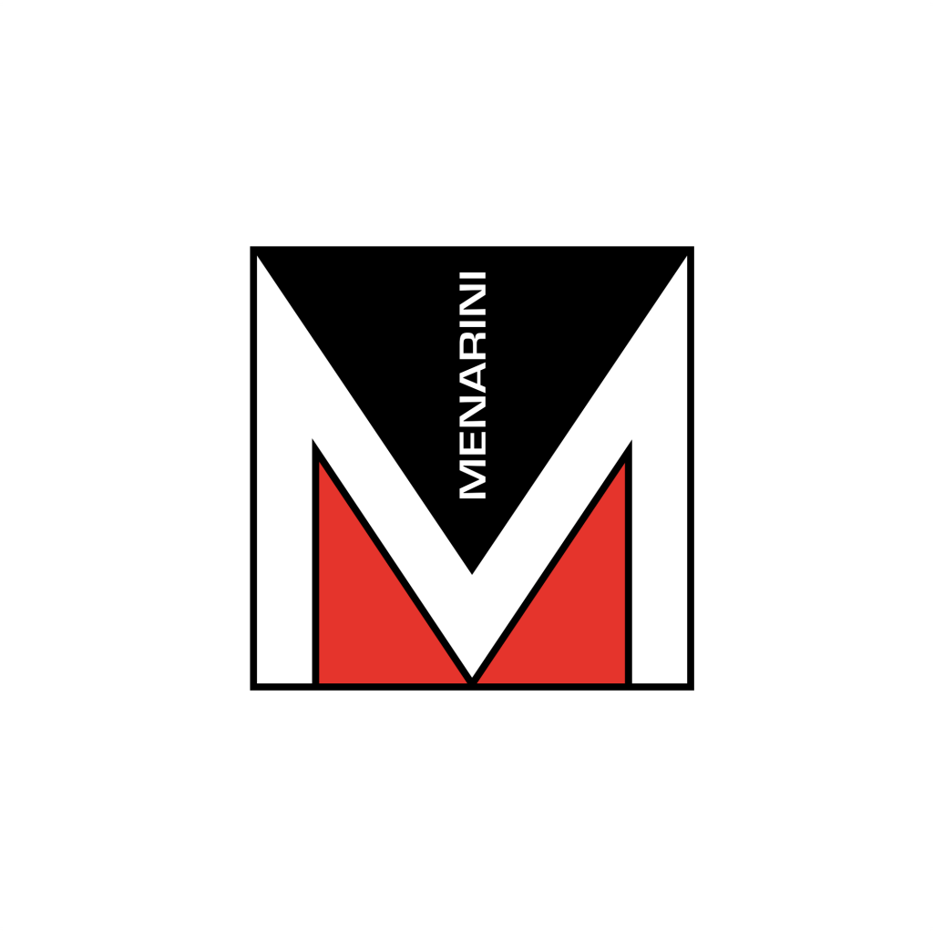 Menarini Logo Geometric Uppercase Sans-Serif Letter M logo, Health Pharma Square shape Typography Flat Two Colors, Black + Red.