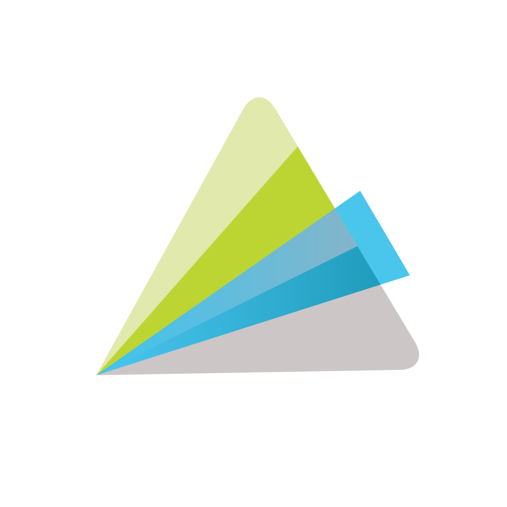 Animoto logo Geometric Uppercase Display Letter A, Alphabet logo, Entertainment Triangle shape Abstract Superposition Rounded Transparency Tri-Color, Blue, Green & Grey.